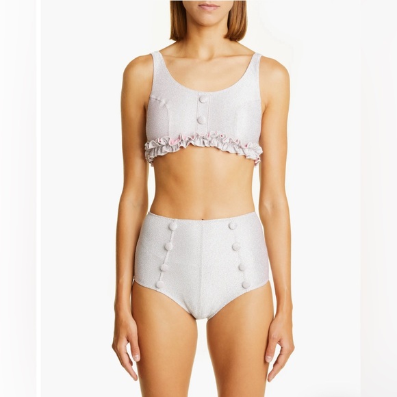 Lisa Marie Fernandez Colby High-Waist Bkini Silver & Pink Metallic Jacquard Sz 1 - Picture 4 of 16